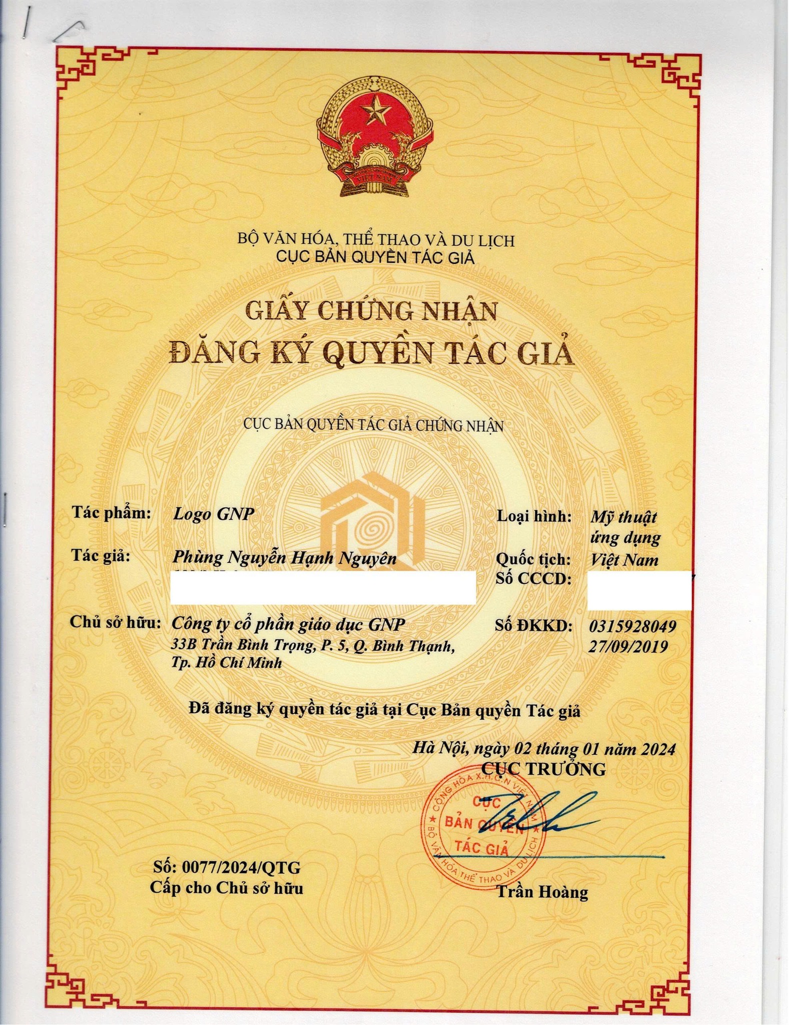 GIẤY CHỨNG NHẬN ĐĂNG KÝ QUYỀN TÁC GIẢ