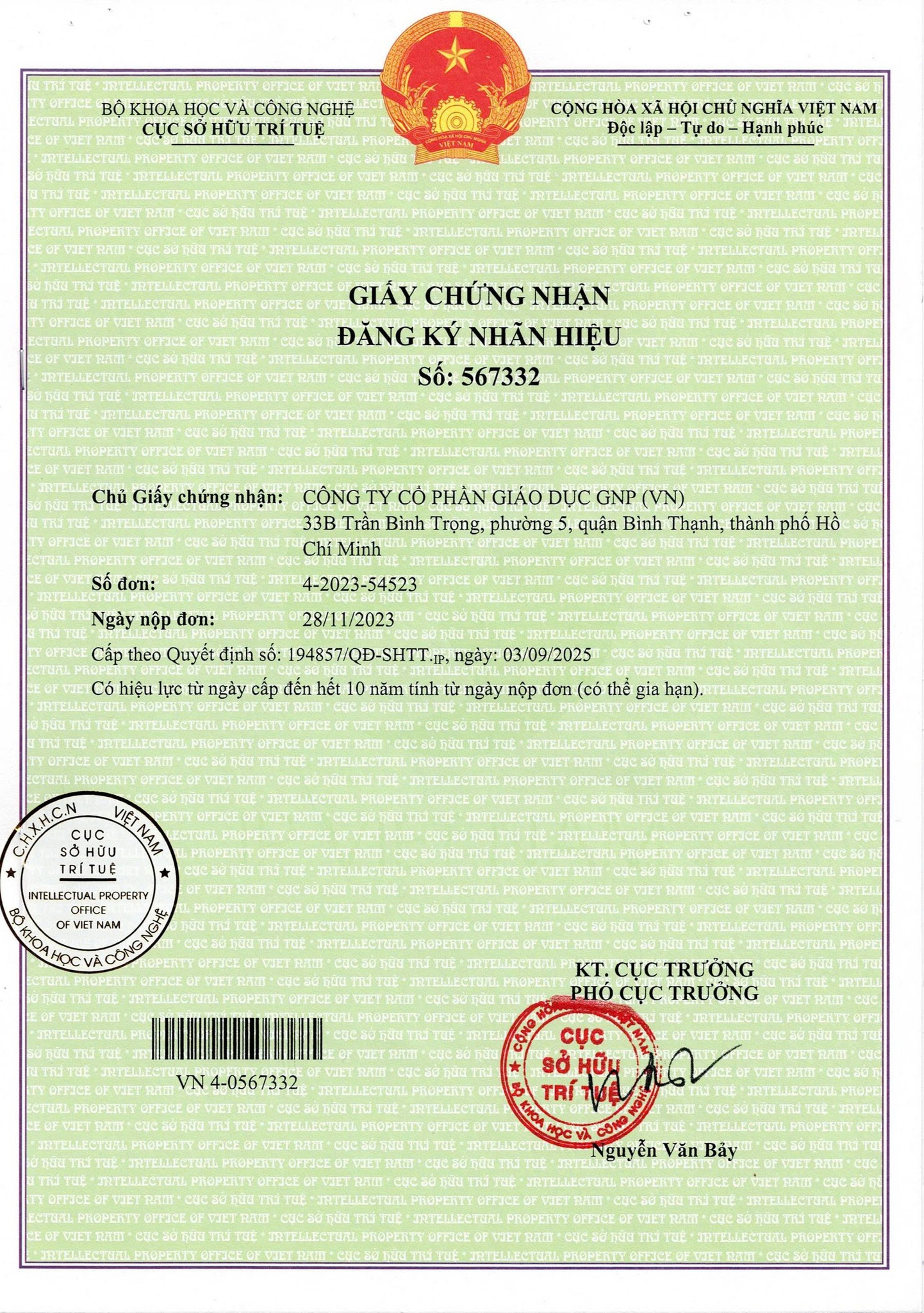 GIẤY CHỨNG NHẬN ĐĂNG KÝ NHÃN HIỆU